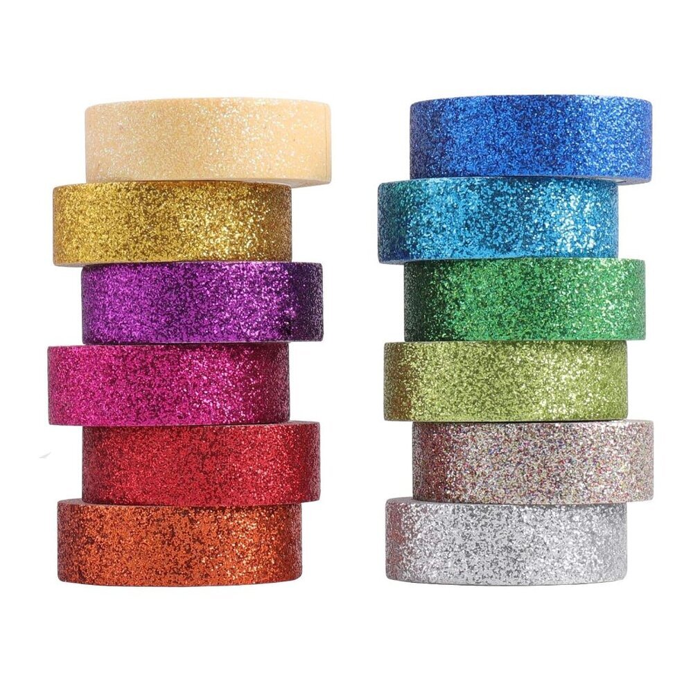 DIY Glitter Washi Tape Set - 12 Rolls Colored Masking Tape, Sparkle Decorative T